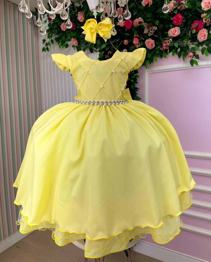 Vestido Infantil Francine Ysa Kids Amarelo Matelassê Pérolas