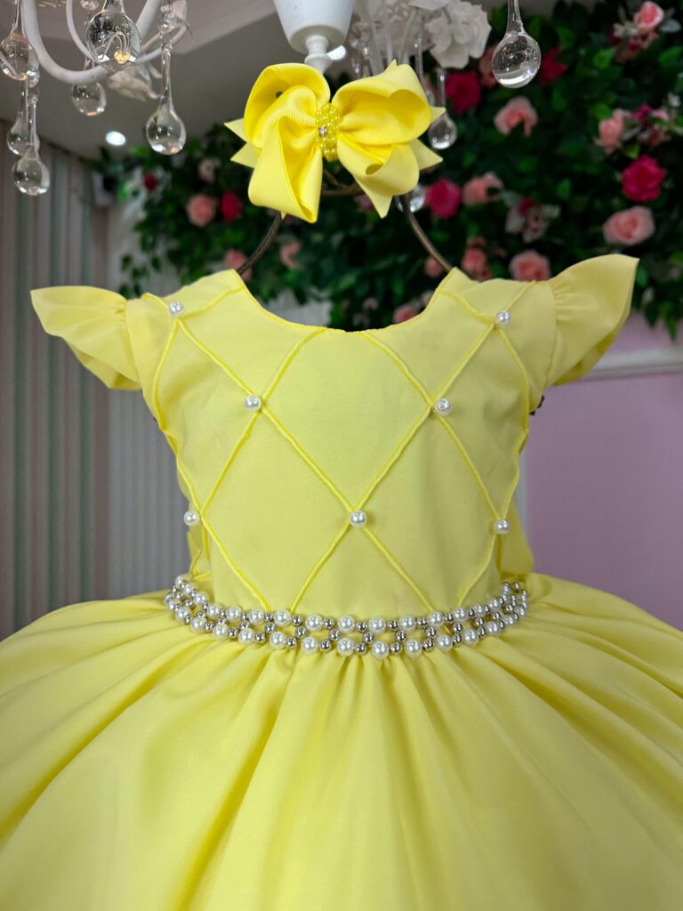 Vestido Infantil Francine Ysa Kids Amarelo Matelassê Pérolas