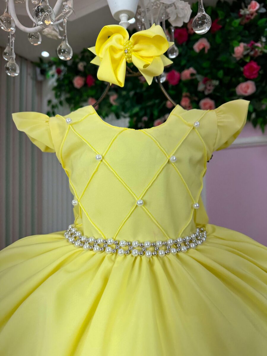 Vestido Infantil Francine Ysa Kids Amarelo Matelassê Pérolas