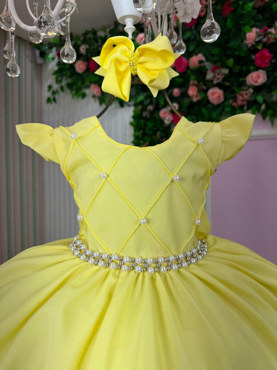 Vestido Infantil Francine Ysa Kids Amarelo Matelassê Pérolas