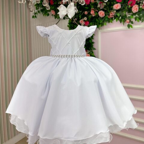 Vestido Infantil Francine Ysa Kids Branco Matelassê Pérolas