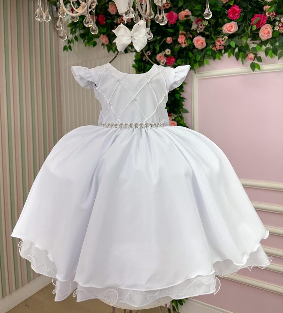 Vestido Infantil Francine Ysa Kids Branco Matelassê Pérolas