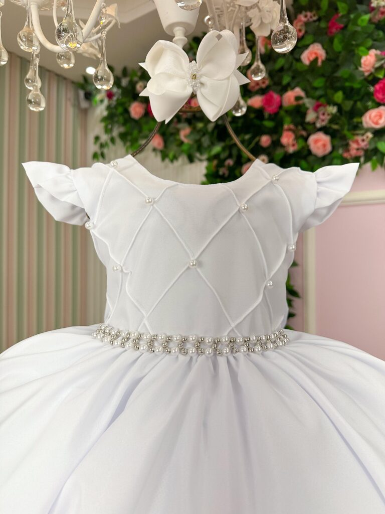 Vestido Infantil Francine Ysa Kids Branco Matelassê Pérolas