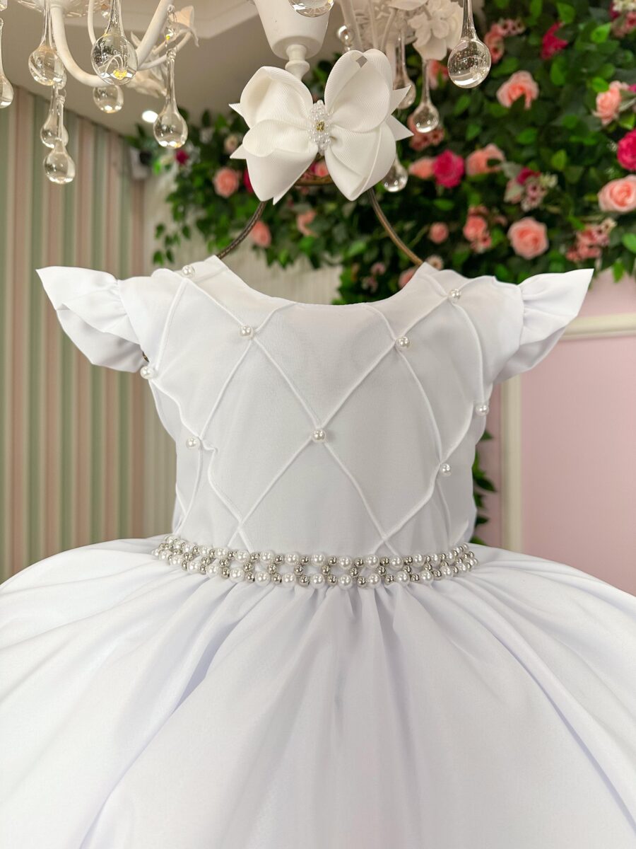 Vestido Infantil Francine Ysa Kids Branco Matelassê Pérolas