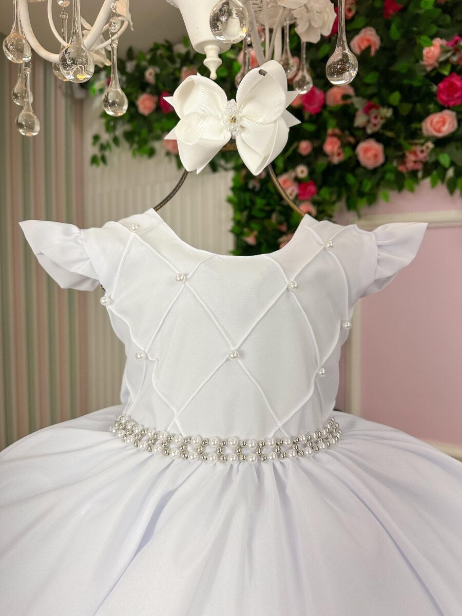 Vestido Infantil Francine Ysa Kids Branco Matelassê Pérolas