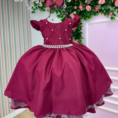 Vestido Infantil Francine Ysa Kids Marsala Matelassê Pérolas