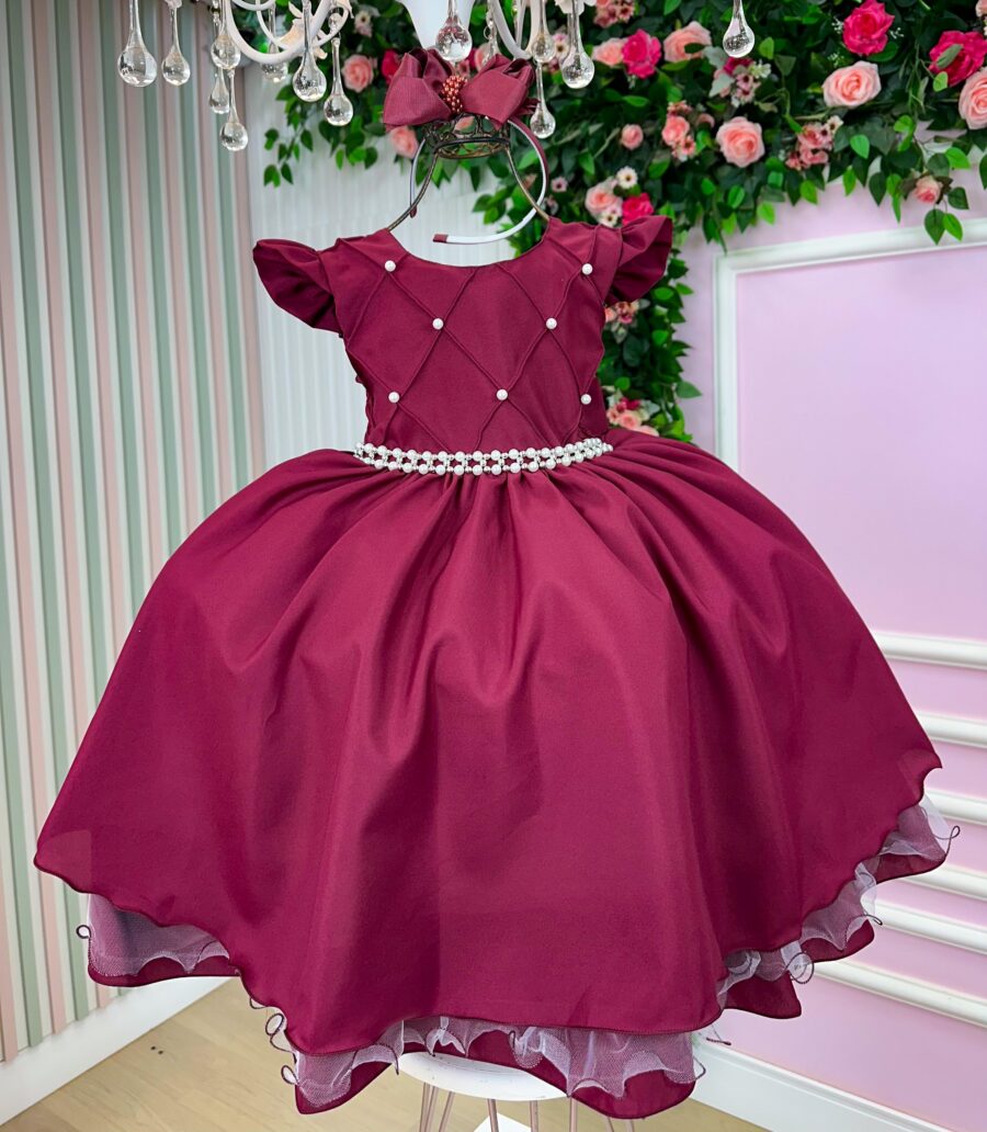 Vestido Infantil Francine Ysa Kids Marsala Matelassê Pérolas
