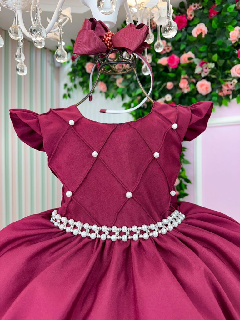 Vestido Infantil Francine Ysa Kids Marsala Matelassê Pérolas