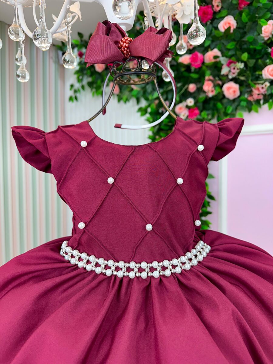 Vestido Infantil Francine Ysa Kids Marsala Matelassê Pérolas