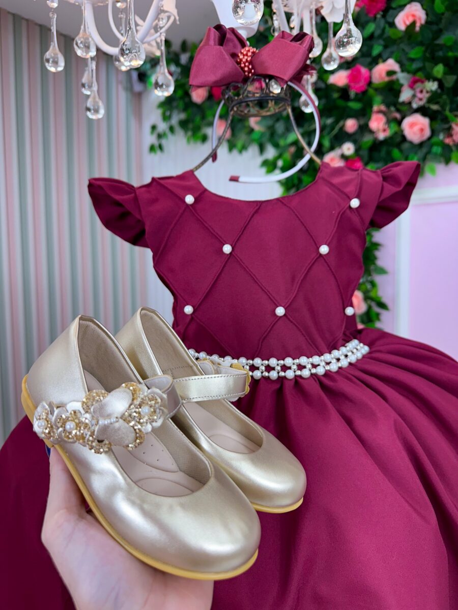Vestido Infantil Francine Ysa Kids Marsala Matelassê Pérolas