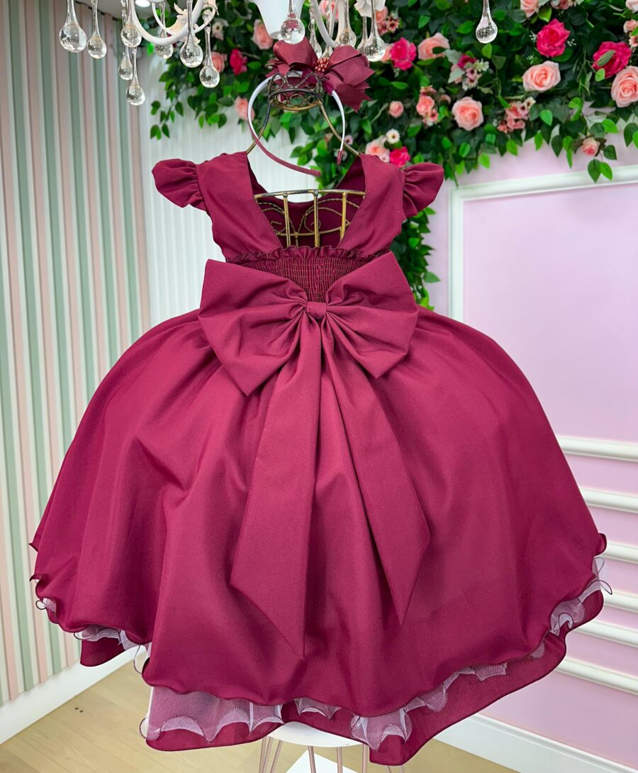 Vestido Infantil Francine Ysa Kids Marsala Matelassê Pérolas