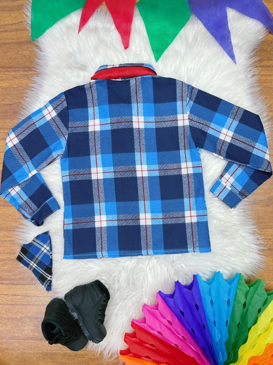 Camisa Junina Infantil Xadrez Azul com Lenço e Gravata