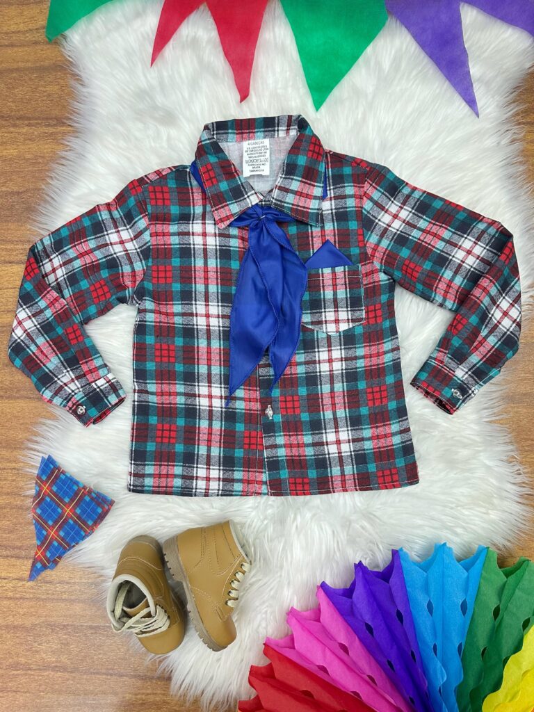 Camisa Junina Infantil Xadrez Verde e Vermelho Lenço Gravata
