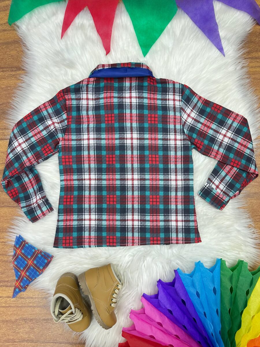 Camisa Junina Infantil Xadrez Verde e Vermelho Lenço Gravata