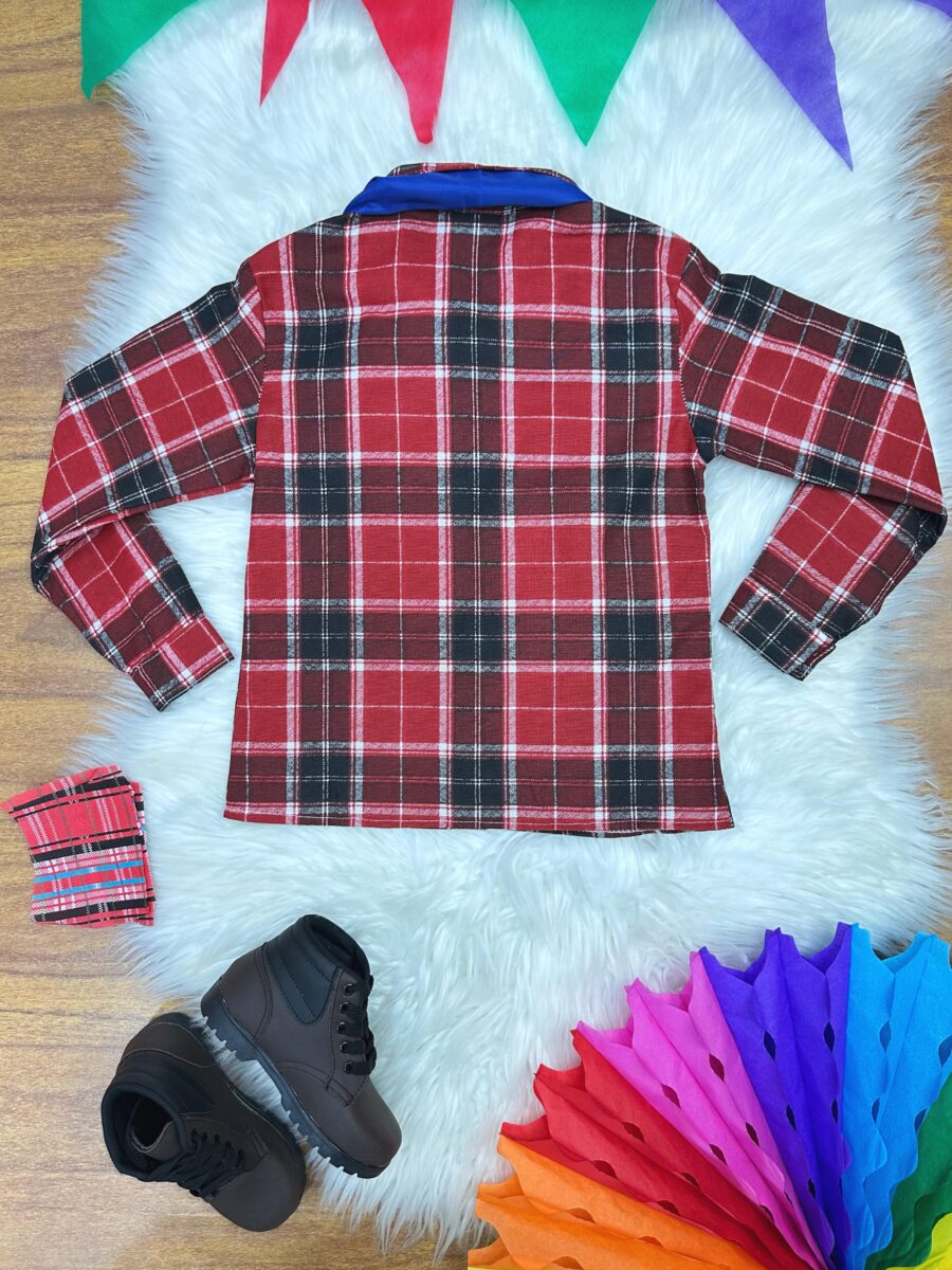 Camisa Junina Infantil Xadrez Vermelho e Preto Lenço Gravata