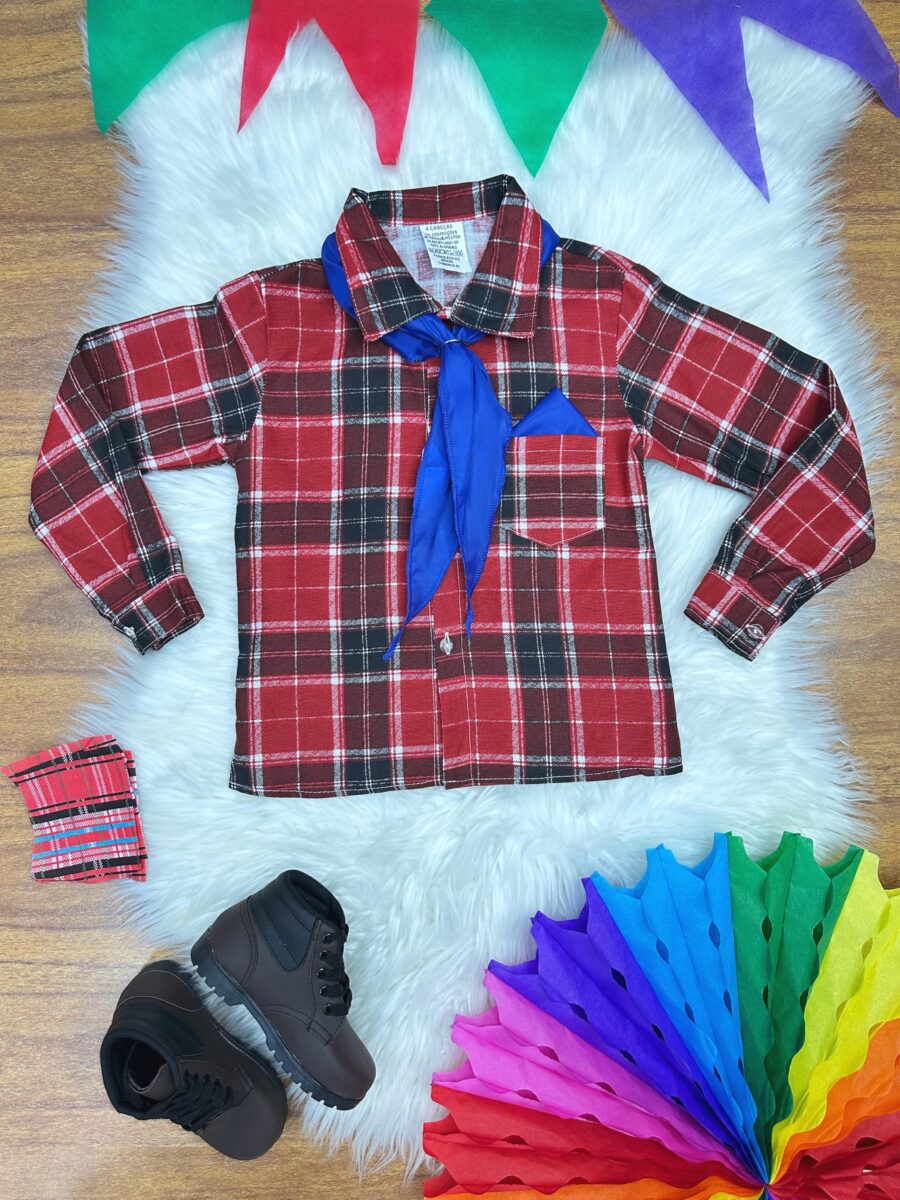 Camisa Junina Infantil Xadrez Vermelho e Preto Lenço Gravata