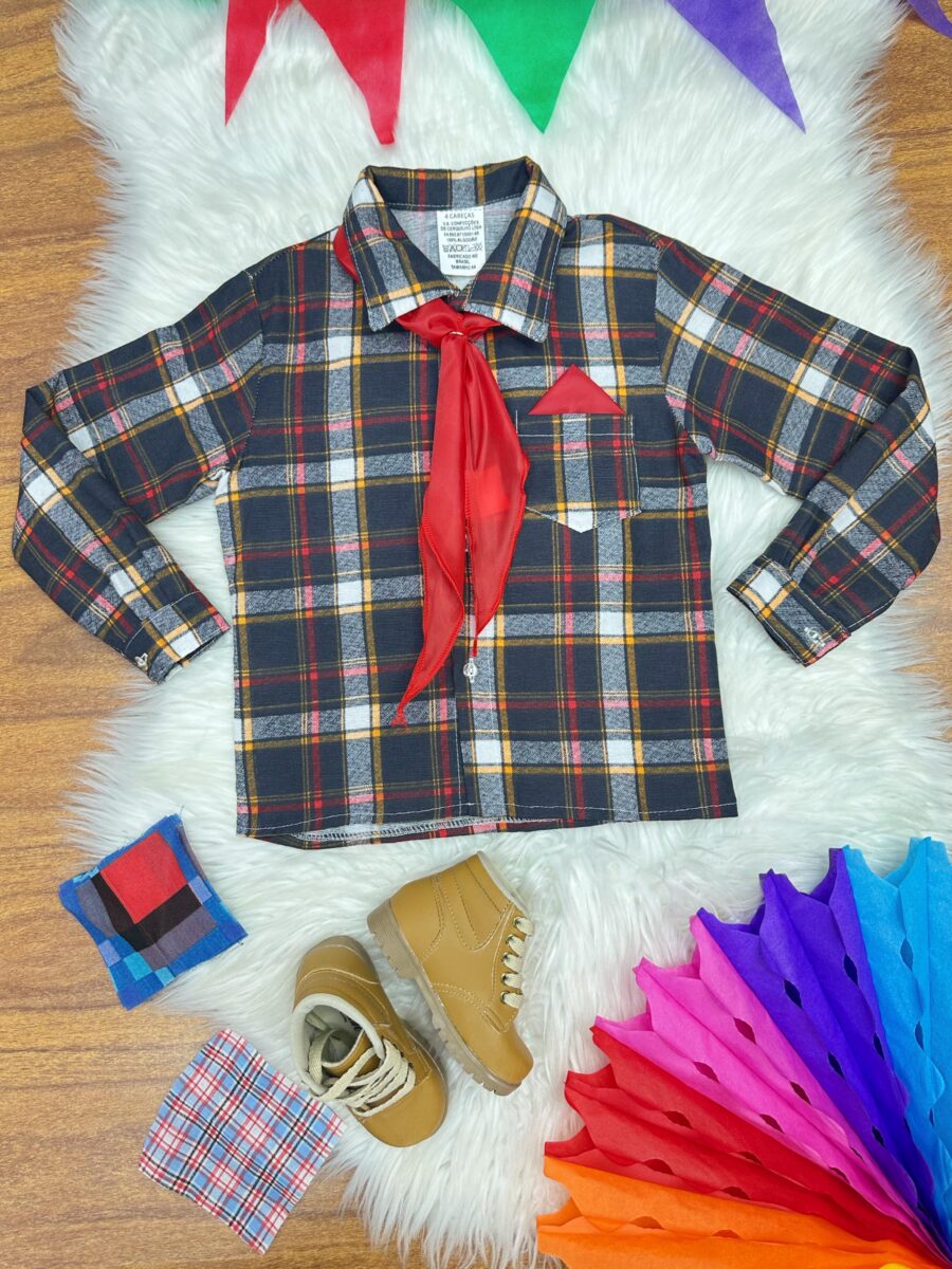Camisa Junina Infantil Xadrez Preto e Laranja Lenço Gravata