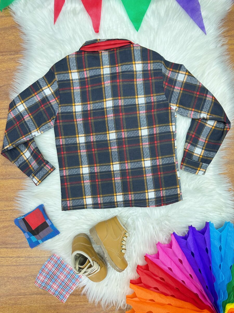 Camisa Junina Infantil Xadrez Preto e Laranja Lenço Gravata