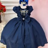 Vestido Infantil Azul Marinho Busto com Renda Cinto Pérolas