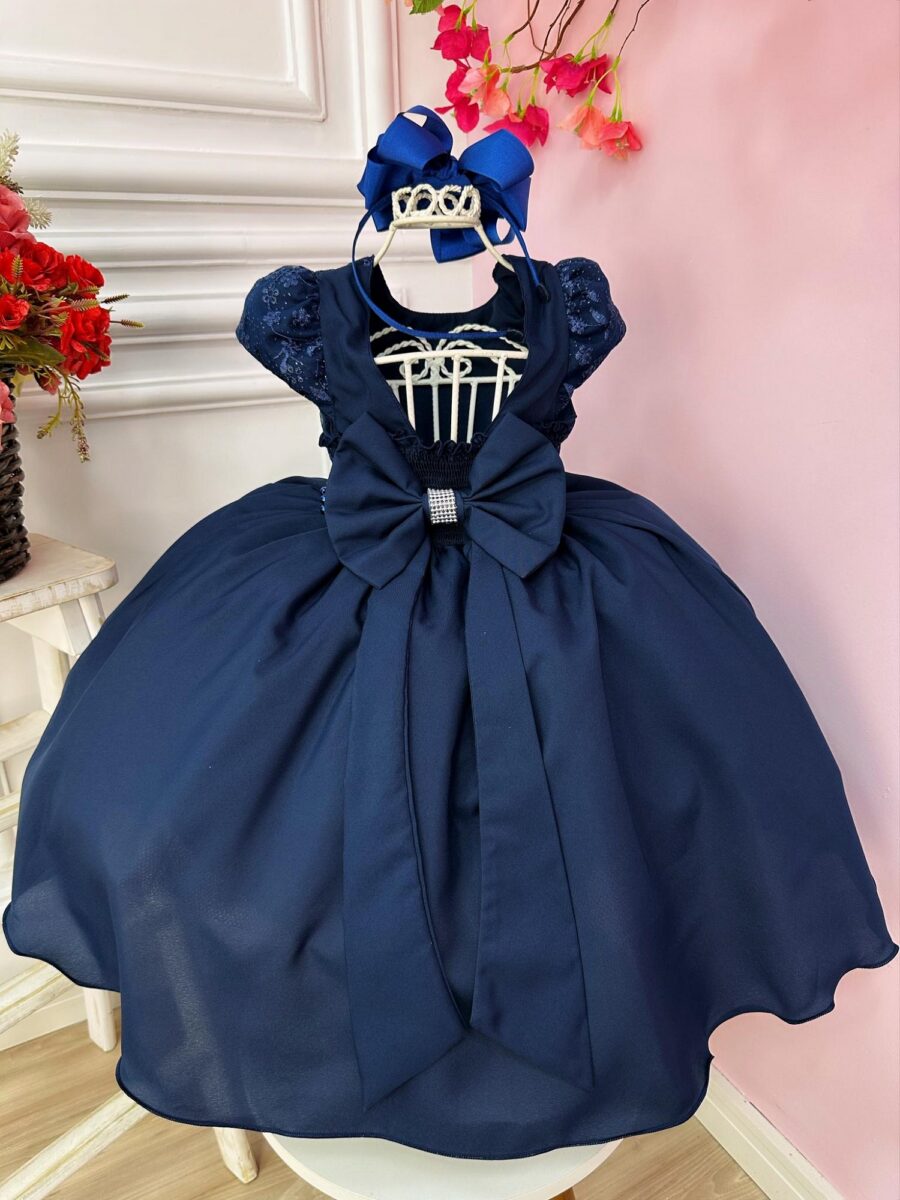 Vestido Infantil Azul Marinho Busto com Renda Cinto Pérolas