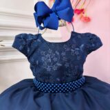 Vestido Infantil Azul Marinho Busto com Renda Cinto Pérolas