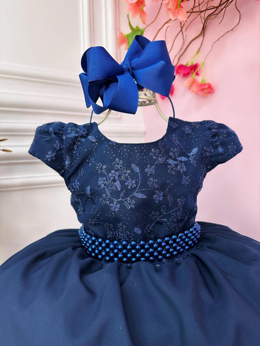 Vestido Infantil Azul Marinho Busto com Renda Cinto Pérolas