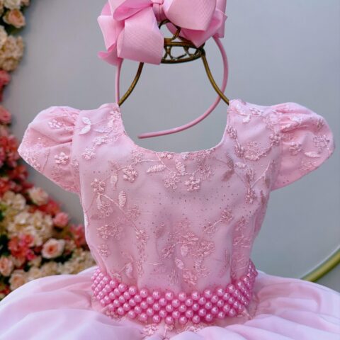 Vestido Infantil Rosa Bebê Busto com Renda Festa Formatura