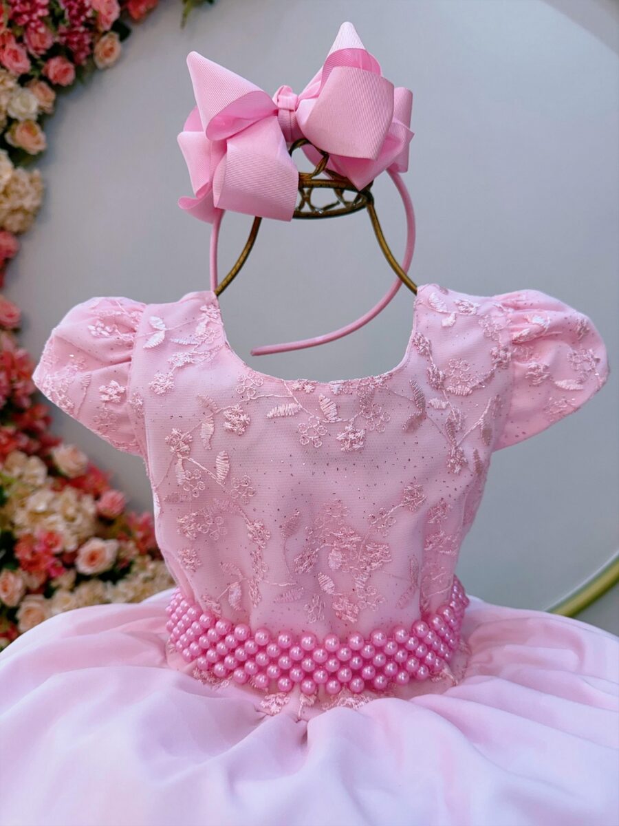 Vestido Infantil Rosa Bebê Busto com Renda Festa Formatura