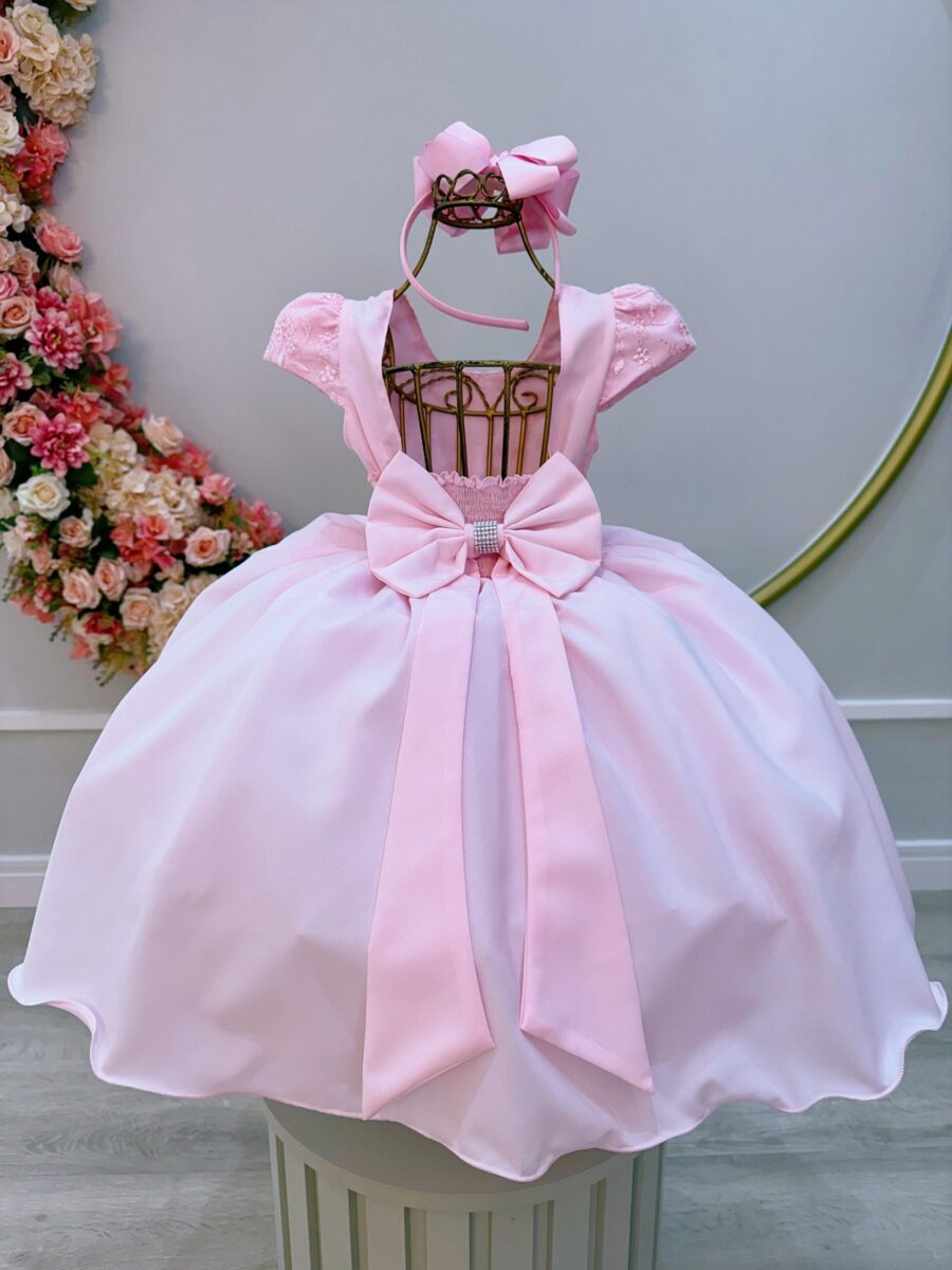 Vestido Infantil Rosa Bebê Busto com Renda Festa Formatura