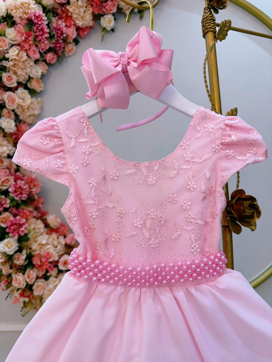 Vestido Infantil Rosa Bebê Busto com Renda Festa Formatura