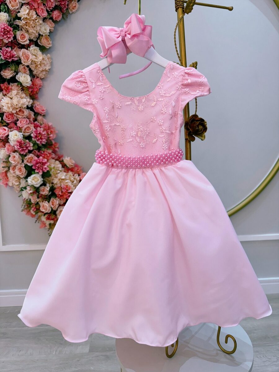 Vestido Infantil Rosa Bebê Busto com Renda Festa Formatura