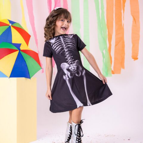 Fantasia Infantil Menina Esqueleto Halloween com Tiara