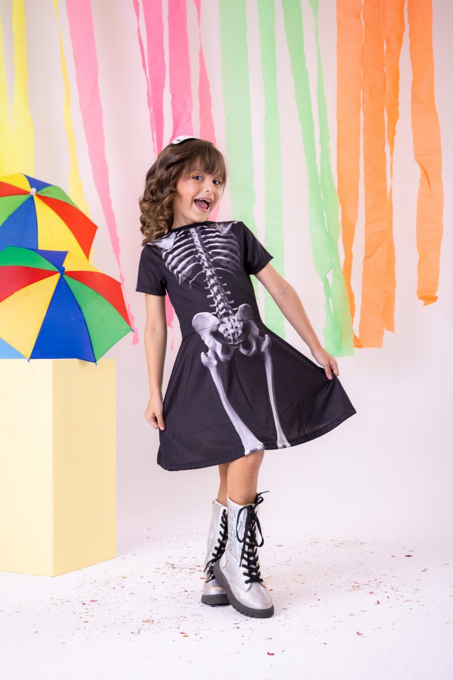 Fantasia Infantil Menina Esqueleto Halloween com Tiara