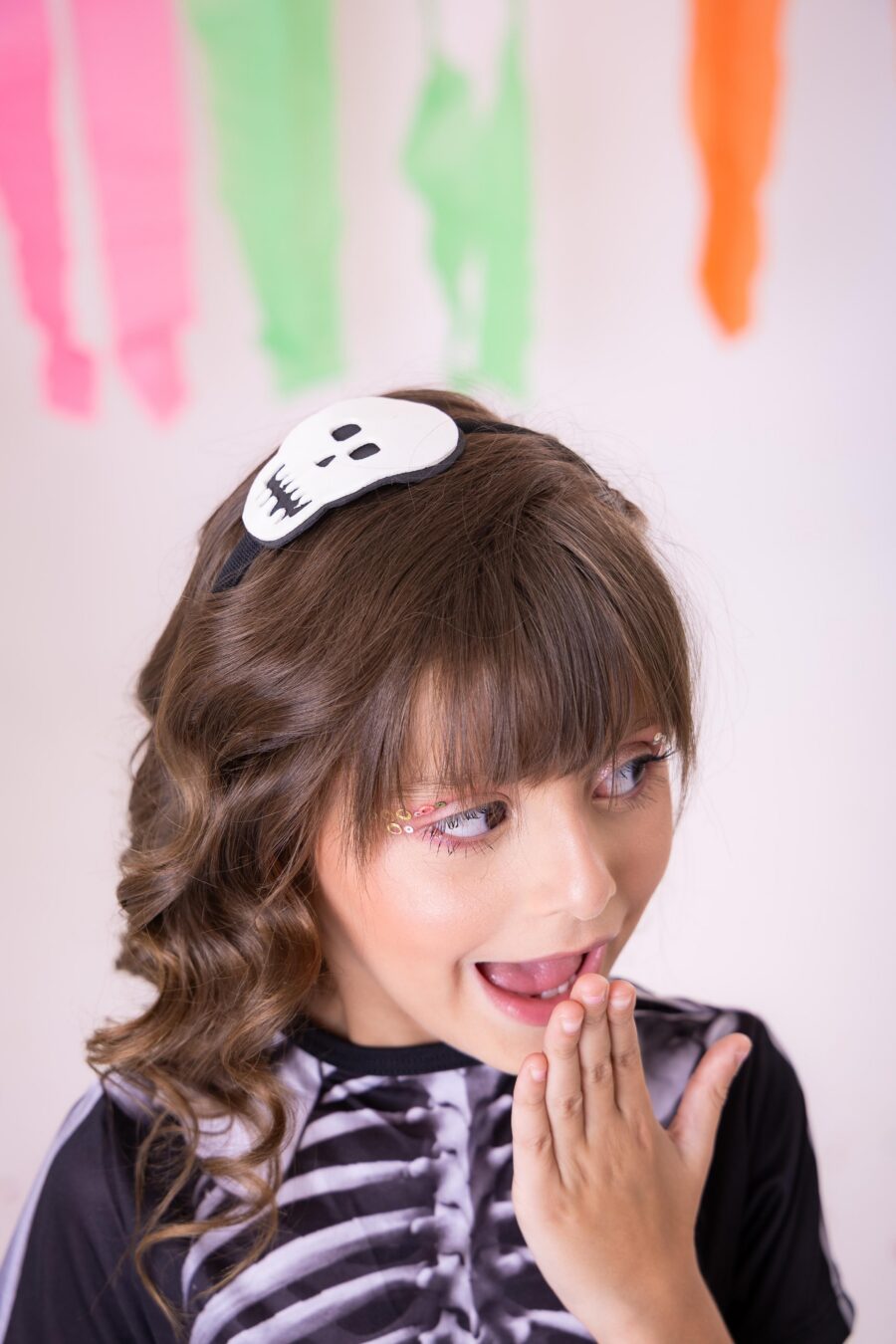 Fantasia Infantil Menina Esqueleto Halloween com Tiara