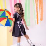 Fantasia Infantil Menina Esqueleto Halloween com Tiara