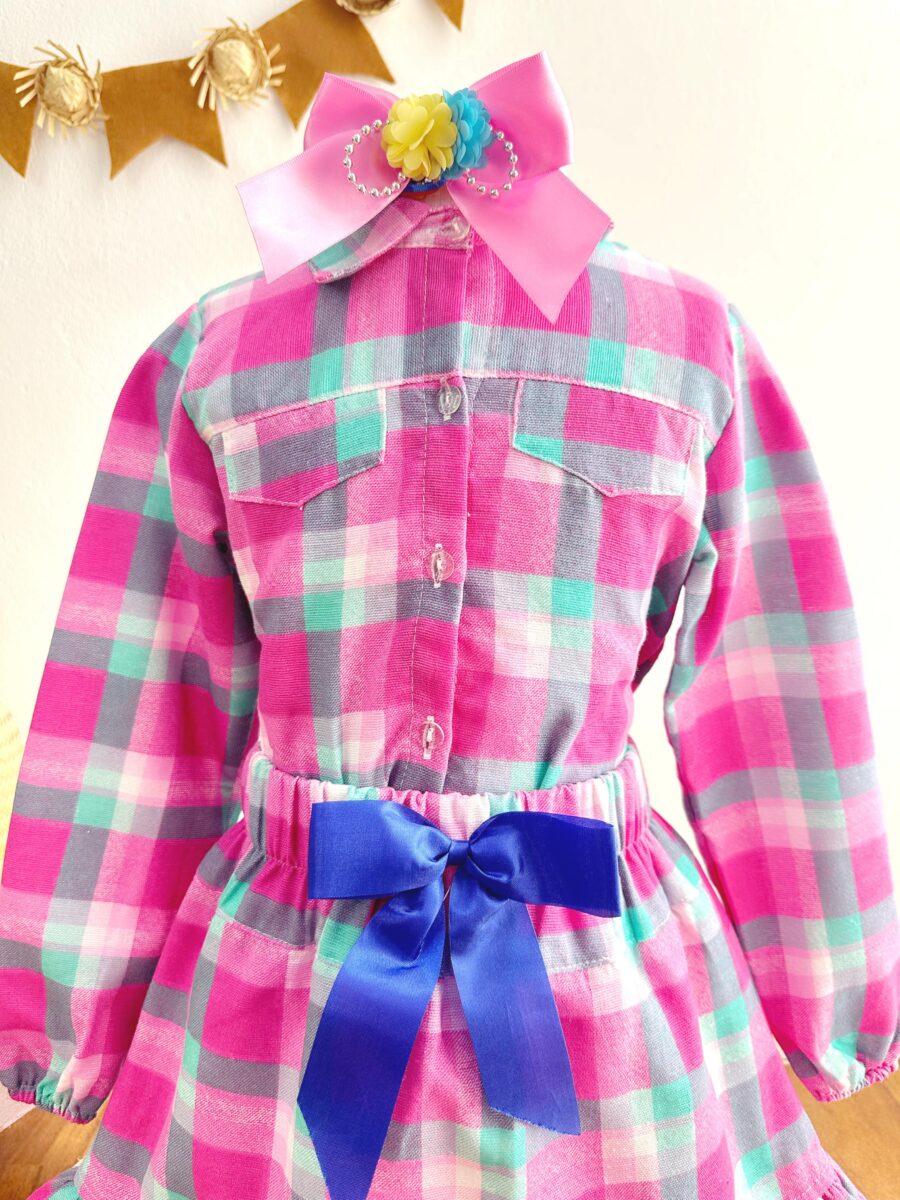 Conjunto Junino Infantil Camisa Rosa e Saia Xadrez