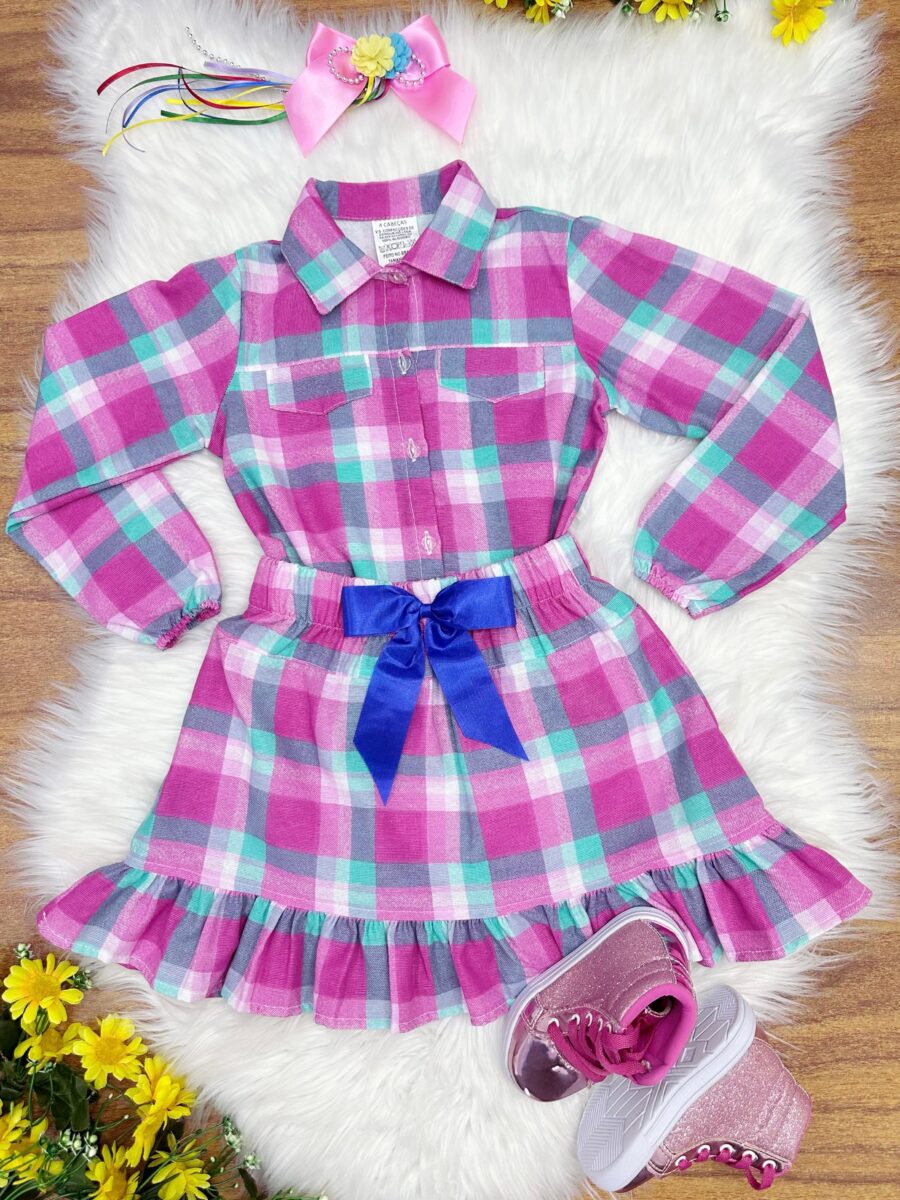 Conjunto Junino Infantil Camisa Rosa e Saia Xadrez