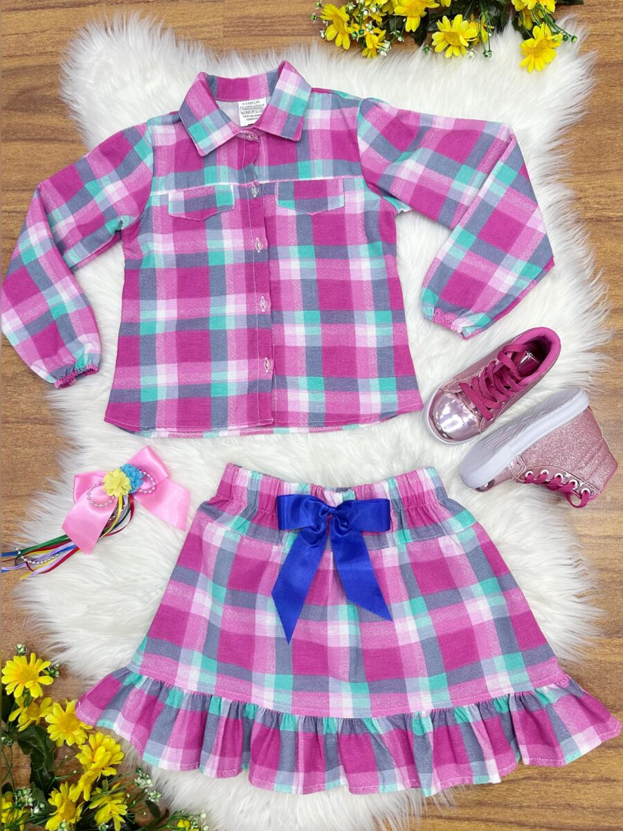 Conjunto Junino Infantil Camisa Rosa e Saia Xadrez