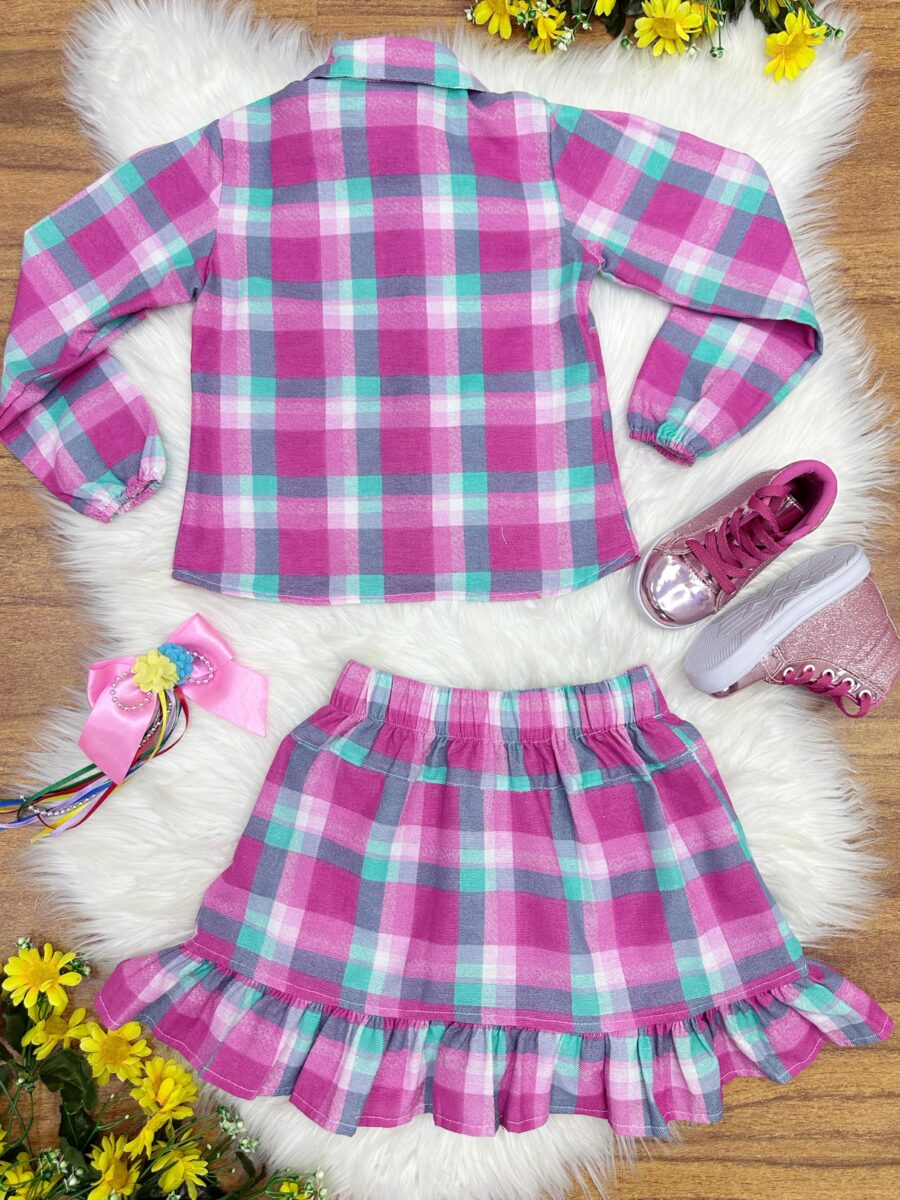 Conjunto Junino Infantil Camisa Rosa e Saia Xadrez