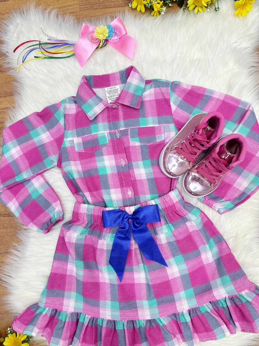 Conjunto Junino Infantil Camisa Rosa e Saia Xadrez