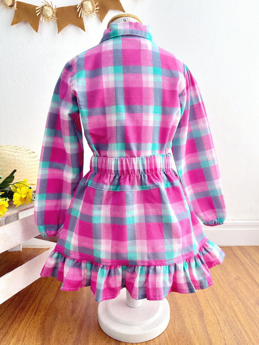 Conjunto Junino Infantil Camisa Rosa e Saia Xadrez