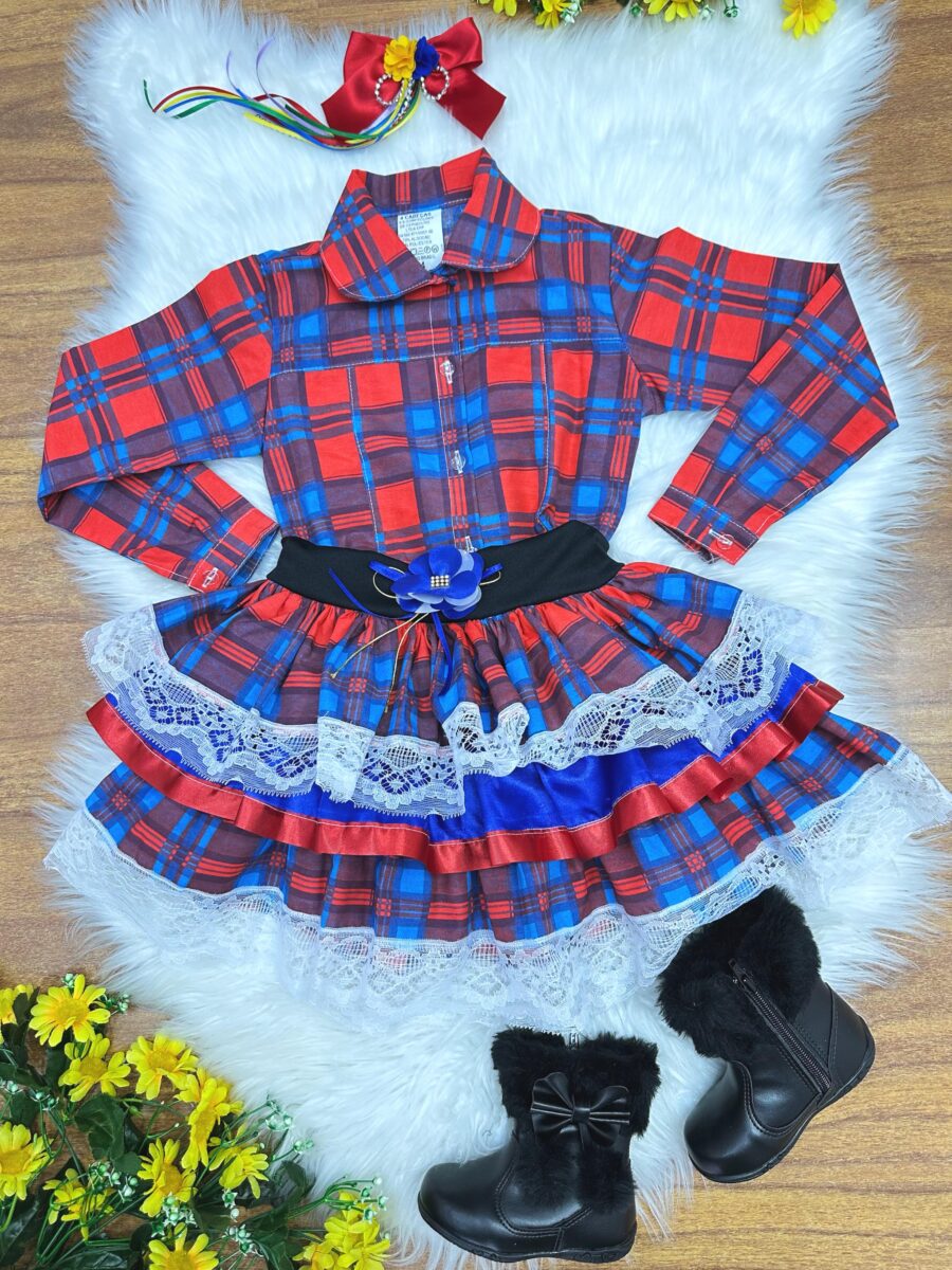 Conjunto Junino Infantil Camisa Vermelha e Saia Xadrez