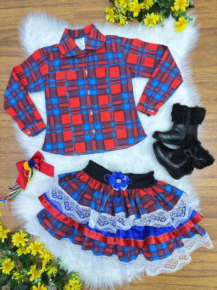 Conjunto Junino Infantil Camisa Vermelha e Saia Xadrez