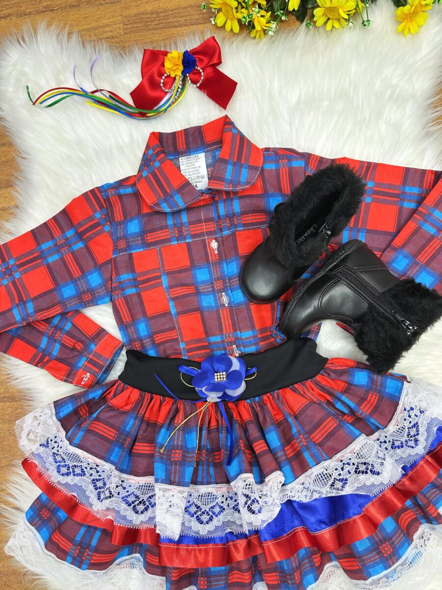 Conjunto Junino Infantil Camisa Vermelha e Saia Xadrez