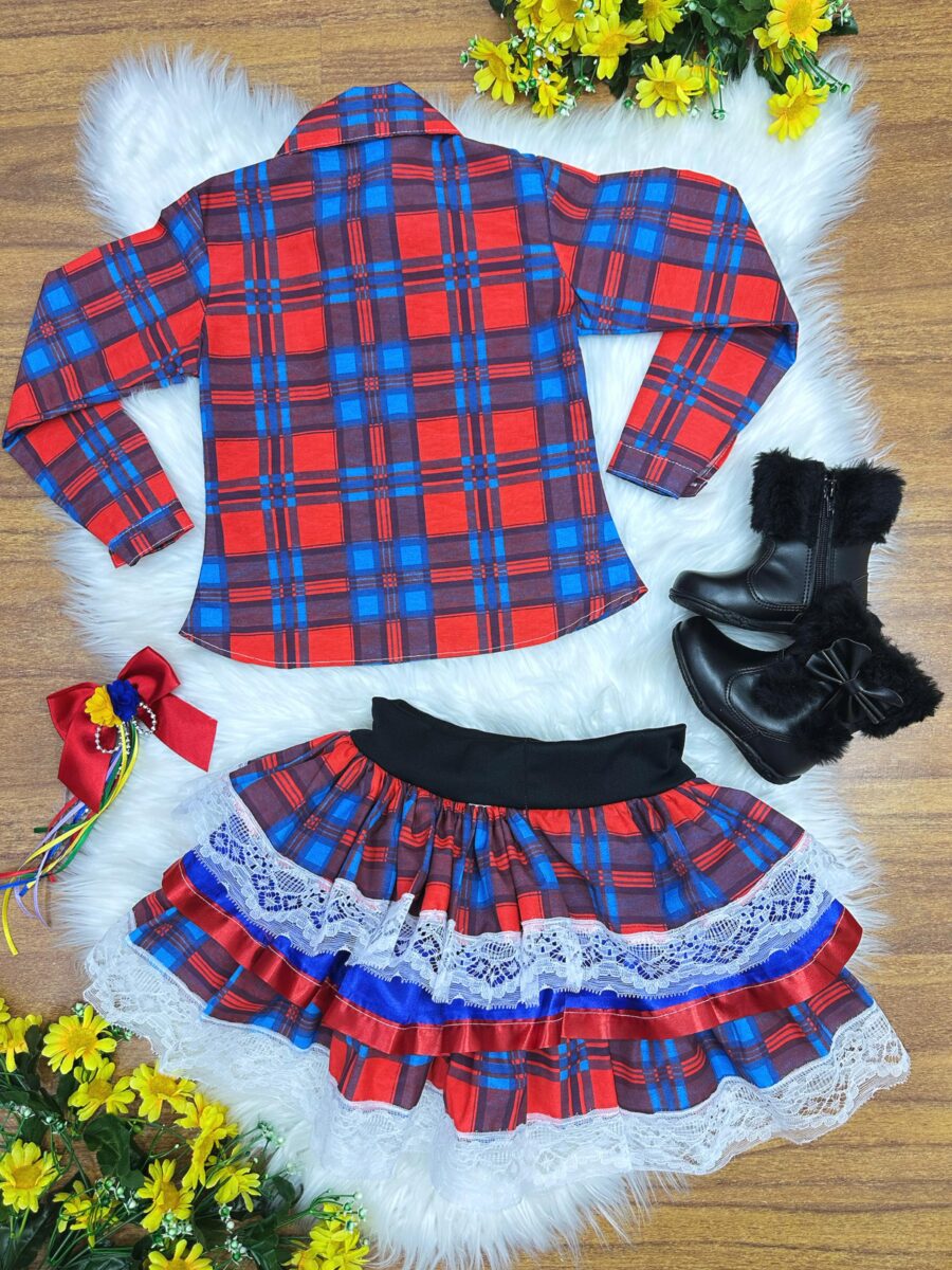 Conjunto Junino Infantil Camisa Vermelha e Saia Xadrez