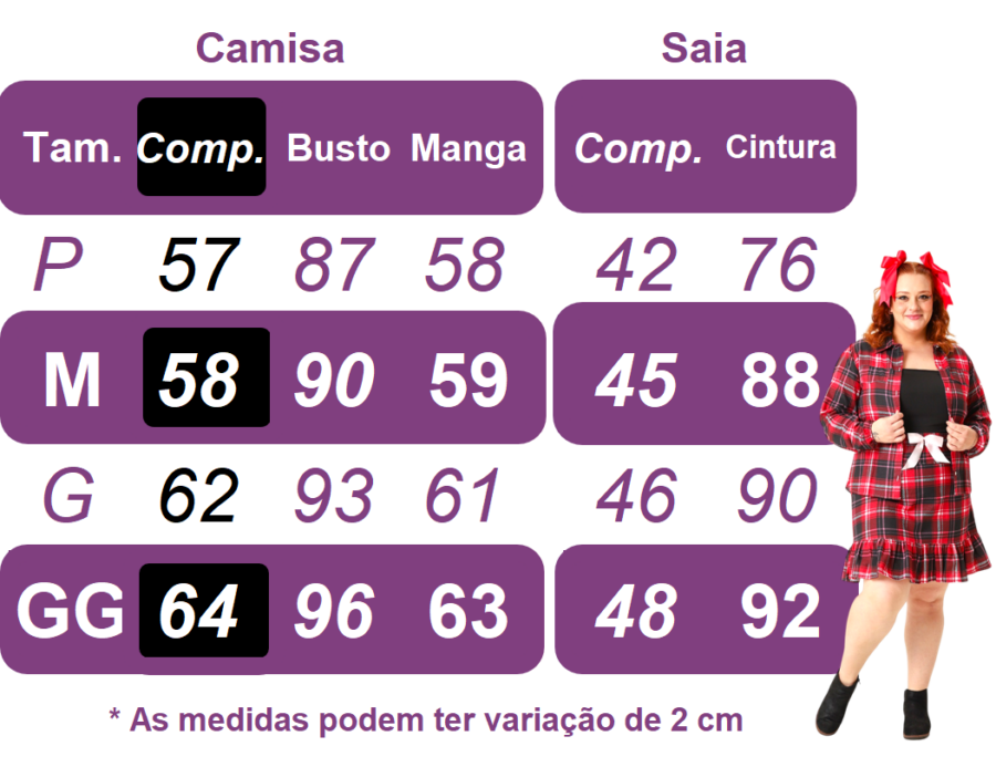 Conjunto Junino Adulto Flanela Camisa e Saia Xadrez