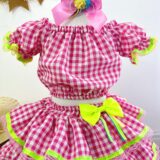 Conjunto Junino Infantil Cropped e Saia Xadrez Rosa Luxo
