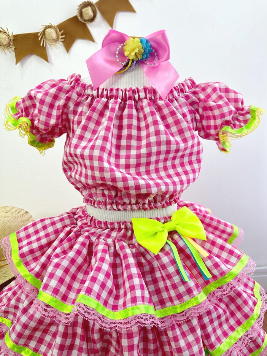 Conjunto Junino Infantil Cropped e Saia Xadrez Rosa Luxo