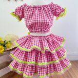 Conjunto Junino Infantil Cropped e Saia Xadrez Rosa Luxo