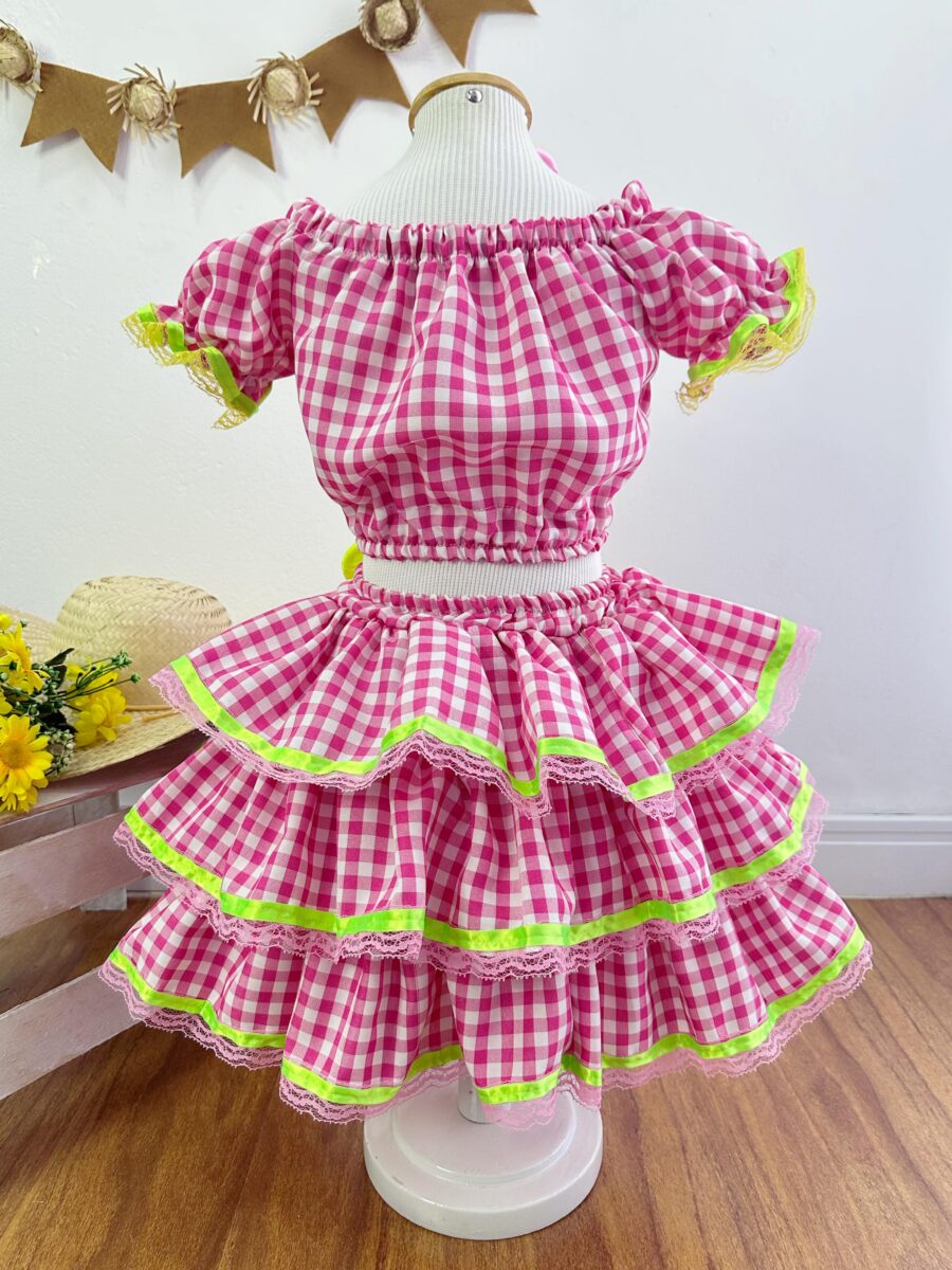 Conjunto Junino Infantil Cropped e Saia Xadrez Rosa Luxo
